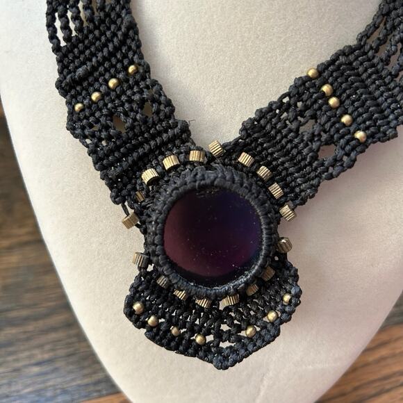 Handmade Micro Macrame Statement Necklace Black & Gold Beaded Choker Stone - Picture 3 of 7
